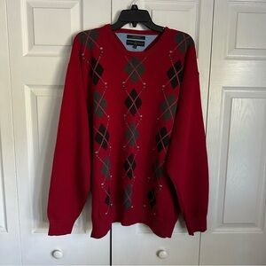 Tommy Hilfiger Golf Sweater Mens 2XL Red Argyle Crewneck Pullover Preppy Cotton